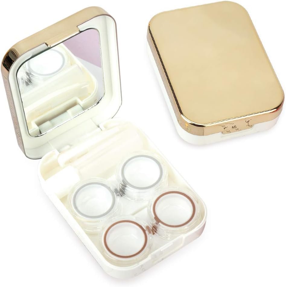 Contact Lens Case, Two Pack Portable Contact Lenses Travel Cases with Remover Tool Tweezers Mirror Solution Bottle Contacts Holder Container Storage Kit for Women Men (Gold)