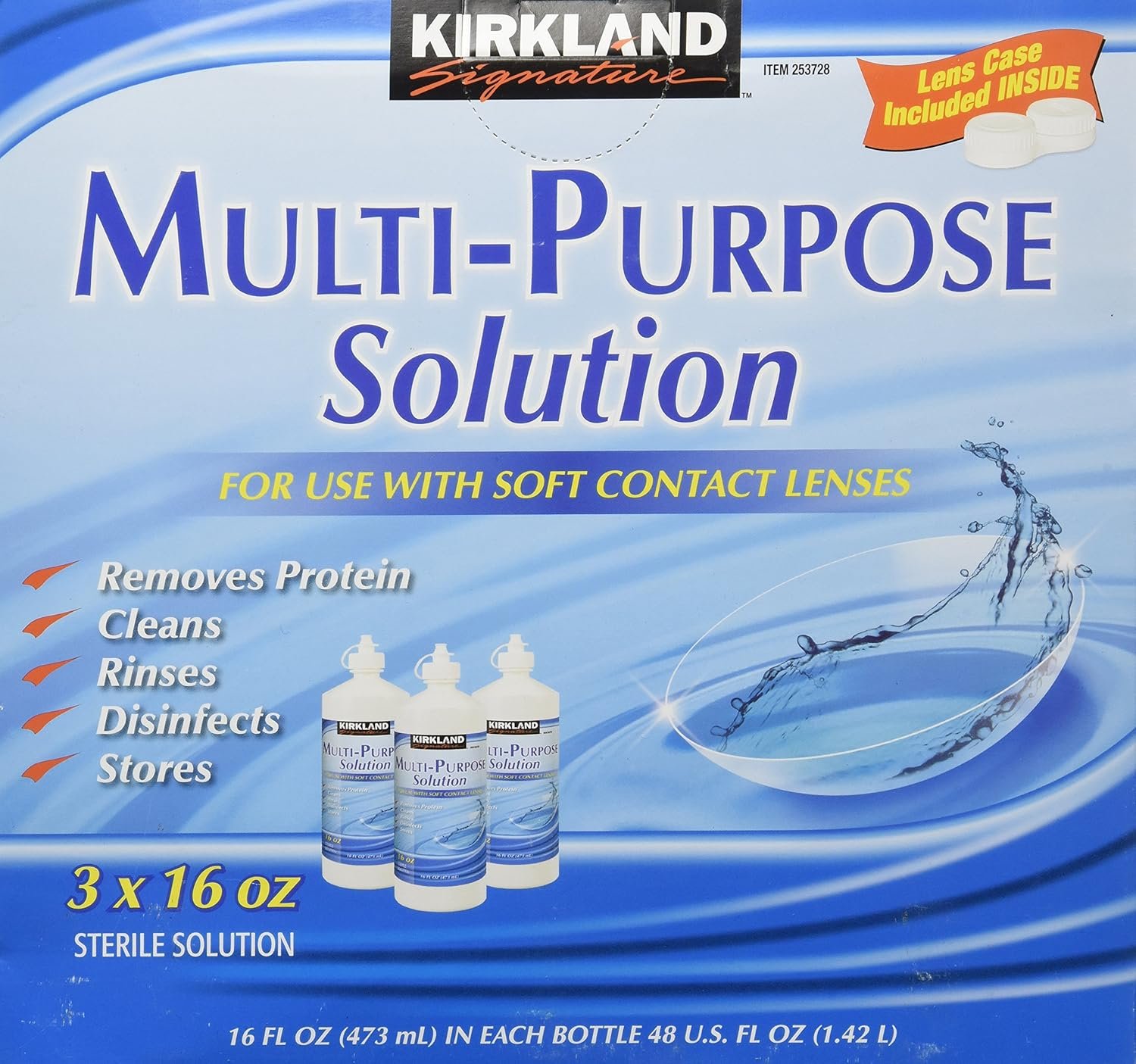 Kirkland Signature Multi-Purpose Sterile Solution for Any Soft Contact Lens, 16 Fl Oz (Pack of 3)