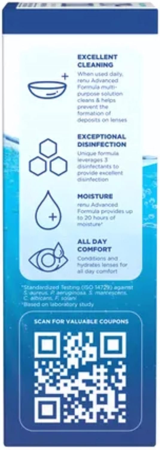 renu Contact Solution Lens, Multi-Purpose Disinfectant for Eye Care, Advanced Formula Kills 99.9% of Germs, 2 Fl Oz Travel Size, Includes Carrying Pouch and Cleaning Cloth