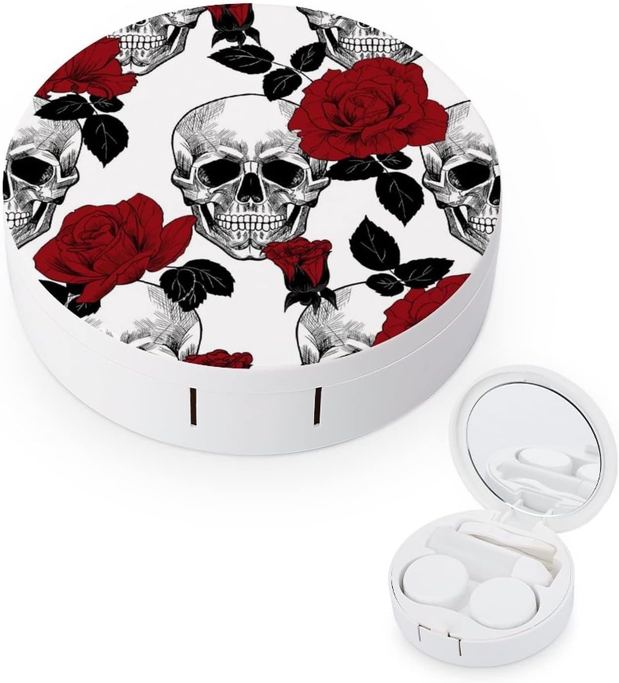 Skull And Roses Contact Lens Case Colored Contact Lens Box Holder Container with Mirror Portable Eye Contact Holder Travel Kit with Lens Cleaner Solution Bottle Tweezers Outdoor And Office Daily Use