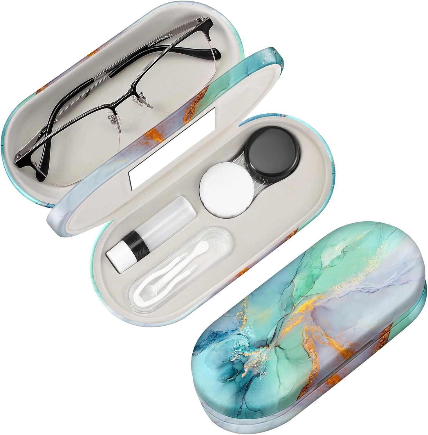 Fintie 2 in 1 Contact Lens Case and Eyeglasses Case, Double Sided Portable Contact Lens Travel Case with Built-in Mirror, Tweezer and Contact Lens Solution Bottle Included